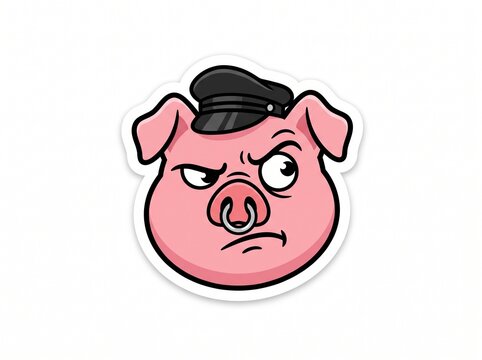 Cartoon pig wearing a black hat with a grumpy expression.