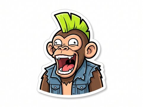 Cartoon monkey with punk hairstyle and denim vest laughing loudly.