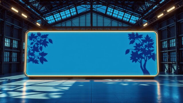 Large blue screen dominates industrial space. Minimalist design features tree silhouettes, bright illumination, polished floor. Dramatic lighting creates strong shadows.