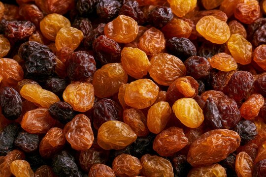 Different types of dried grapes are mixed together on a surface in the kitchen