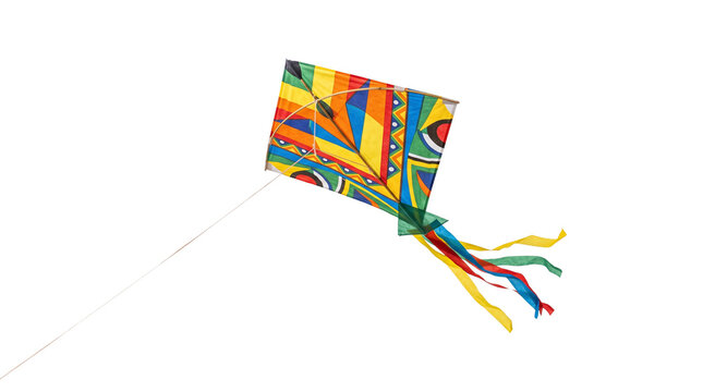 Colorful flying kite with geometric patterns, vibrant outdoor toy for summer recreation, traditional paper kite with long ribbon tails isolated PNG with Transparent Background