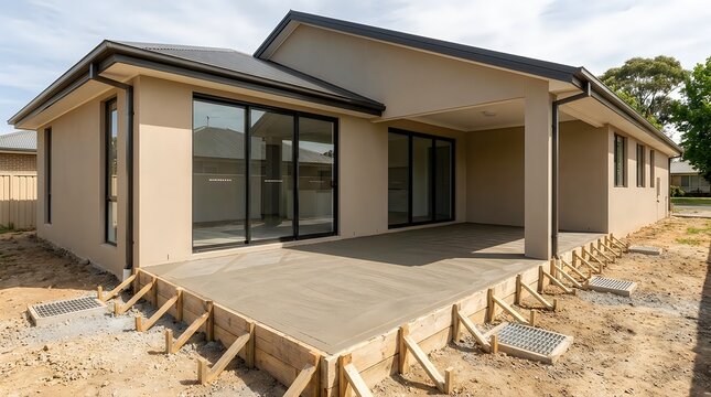 Modern single-story house under construction with fresh concrete patio and large glass sliding doors
