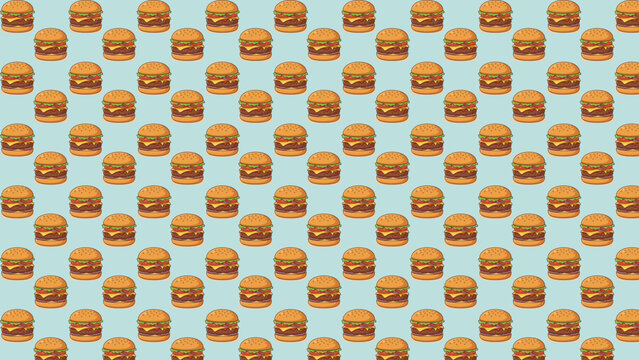   
Abstract seamless food pattern background with cartoon hamburgers arranged in grid formation on light blue backdrop modern decorative texture