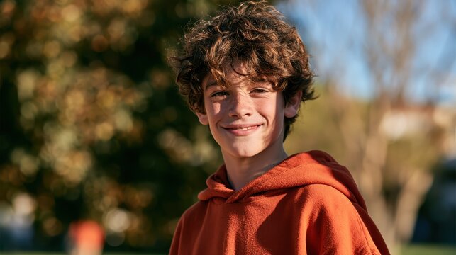 A cheerful young boy with curly hair smiles outdoors on a sunny day. This portrait captures a candid moment of childhood happiness and warmth.
