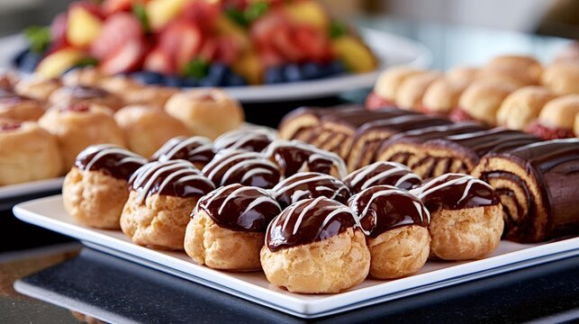 Displaying a variety of delicious profiteroles with chocolate glaze alongside other pastries and fresh fruit, creating an inviting dessert buffet spread for an event