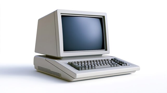 Vintage beige personal computer with built in keyboard and crt monitor on white background, isolated studio shot evoking retro computing era and outdated technology, 1980s90s feel