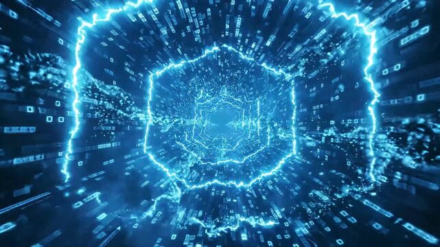 Glowing circular digital energy portal with animated neural light patterns and futuristic cyber atmosphere