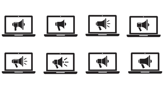 Loudspeaker Announcement Icons With Laptop Computers Black Silhouette Style audio