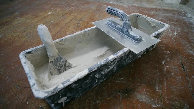 Construction tools including a trowel and putty knife with wet plaster mix inside a mud pan, resting on a rustic wooden floor ready for drywall finishing or wall repair work