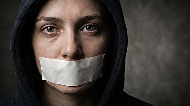 Portrait of silenced woman with taped mouth representing social censorship