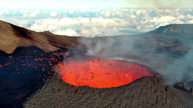 Close-up of the crater of a volcano erupting and spewing lava in nature.
