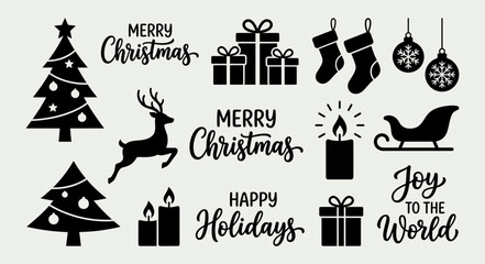 Naklejka premium Christmas holiday decorative silhouettes set with pine trees reindeer candle and festive lettering