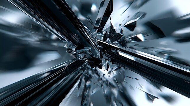 Abstract render showing metallic and glass like shards exploding outwards from a central point, creating a dynamic, fragmented, and futuristic background with blurred motion effects