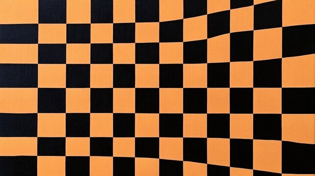 Orange and black checkered optical illusion with a wavy, distorted grid forming a dynamic, abstract background texturehypnotic, modern pattern for graphic and digital design