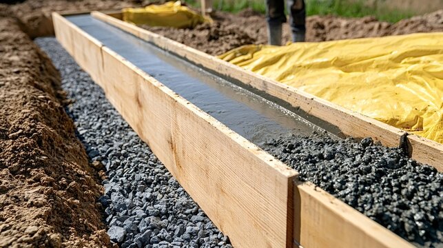 Fresh wet concrete filling a wooden formwork, creating a strip foundation on a construction site with gravel and excavated soil, representing new building development