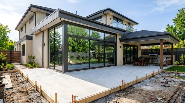 Modern two-story house with large glass windows and unfinished concrete patio under construction