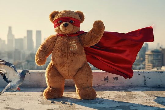 Heroic Teddy Bear Wearing Red Cape and Superhero Mask Standing on Rooftop at Sunset