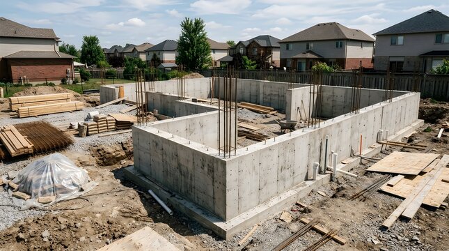 New residential house foundation with concrete walls and rebar at suburban construction site
