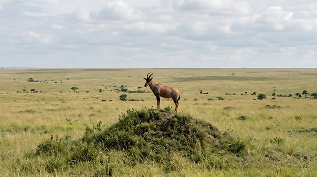 Topi Antelope Standing Majestically on a Termite Mound in the Vast Open Savannah Grasslands of the Maasai Mara