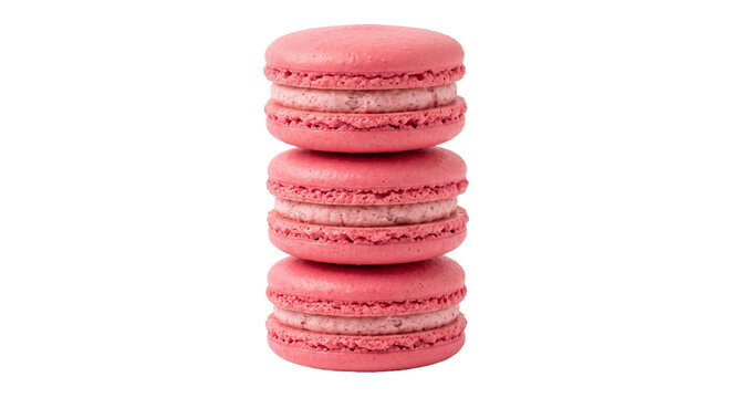 Stack of three pink French macarons with creamy filling on a white background