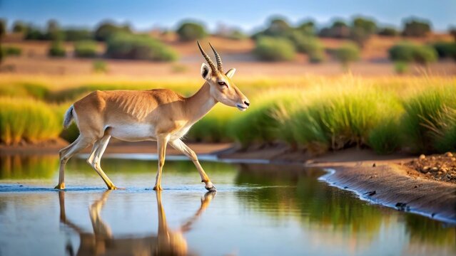 One saiga antelope walks near a shallow river in the arid landscape of kalmykia