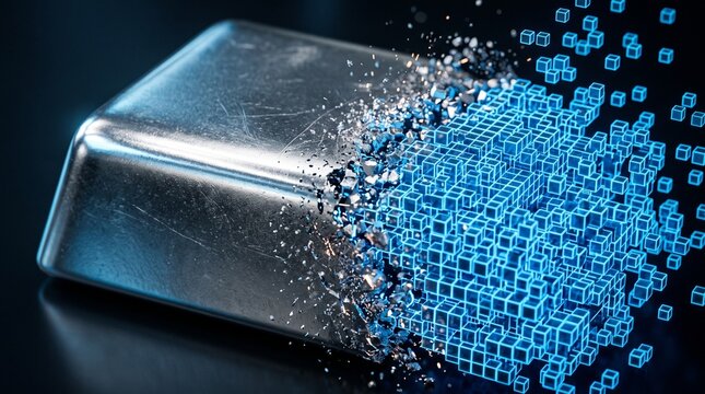 Digital Transformation Silver Bar Pixelating Into Glowing Blue Data Cubes and Particles, Concept of Data Transition and Cryptocurrency