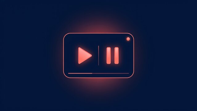 Neon glowing media player interface with play and pause icons on a dark blue background with symbols centered minimalist digital media glowing red