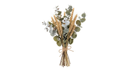 Rustic bouquet of dried wheat and eucalyptus tied with twine © Alla