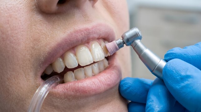 A close-up view of a dental professional cleaning and polishing a patient's teeth in a clinic.