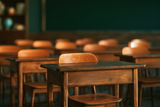 Rows of wooden desks sit empty in a warm, classic classroom environment. The scene idealizes nostalgic education, academic history, and learning.