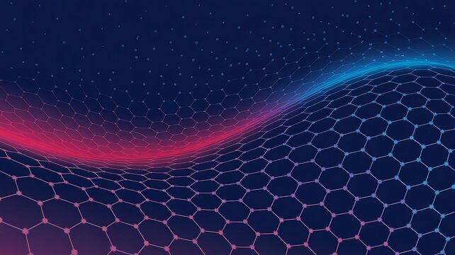Digital network grid ripples with blue and pink light.
