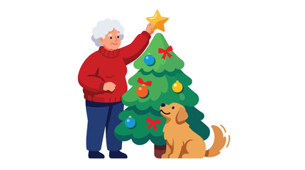 Naklejka premium Elderly woman decorating Christmas tree with dog