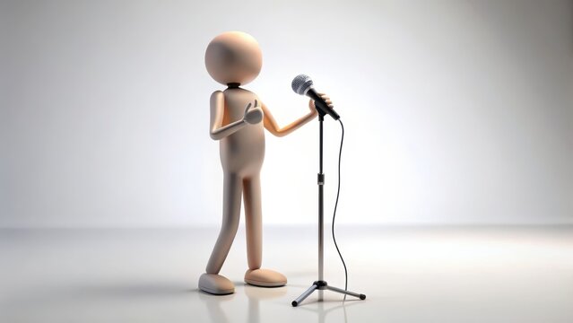 Stick figure speaking into microphone on white background