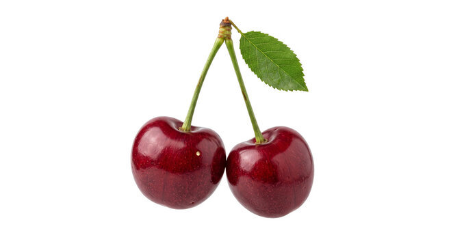Two ripe dark red cherries with a green leaf and stems on white background