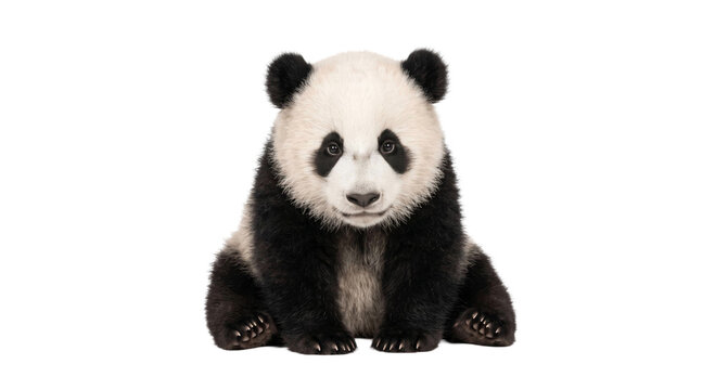 Adorable baby panda sitting and looking directly at the camera with a white background