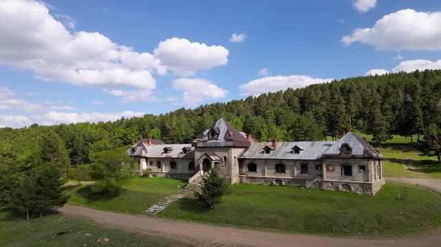 Drone footage of the catherine mansion, which is located in the Sarikamis district of Kars province, Turkey, and remains from the Russian tsarist period.