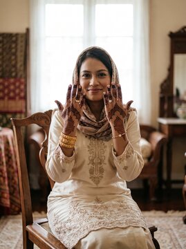 Smiling Malay woman showing henna palms in embroidered baju kurung