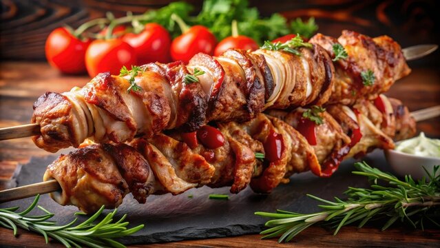 Gyros skewered fast food slices of a pork meat on a skewer