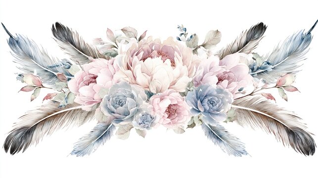 feather. A delicate watercolor floral bouquet with pink and blue flowers on a cream background. gardening catalogs, home-decor guides, designed for gardening and botanical catalogs.