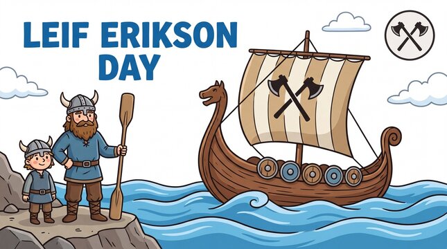 A cartoon illustration of Leif Erikson Day with a Viking ship sailing on the ocean