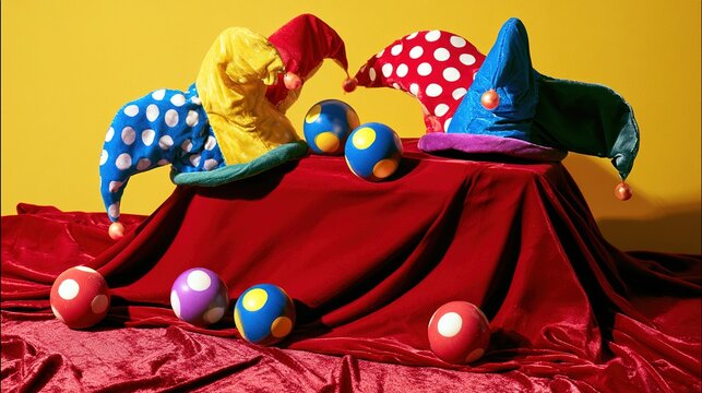 jester. Colorful jester hats and juggling balls scattered on red velvet cloth. lifestyle magazines, social media lookbooks, designed for lifestyle magazines and social media content.