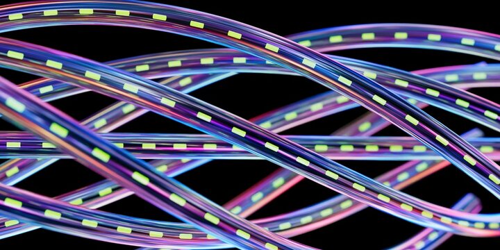 3D Render of Abstract Iridescent Fiber Optic Cables with Glowing Data Pulses on Black Background