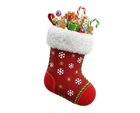 Red christmas stocking filled with colorful candy canes gingerbread cookies and wrapped gift boxes in 3d.