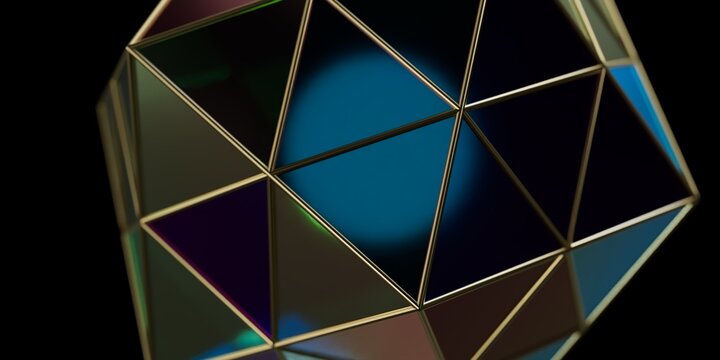Glowing 3D Geometric Crystal Structure with Central Blue Light