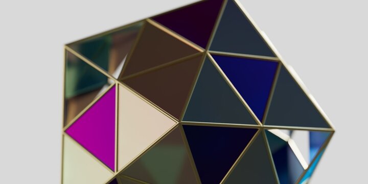 Colorful 3D Geometric Polyhedron with Metallic Frame on White