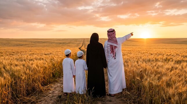 Arab family standing in a wheat field at sunset pointing towards the horizon
