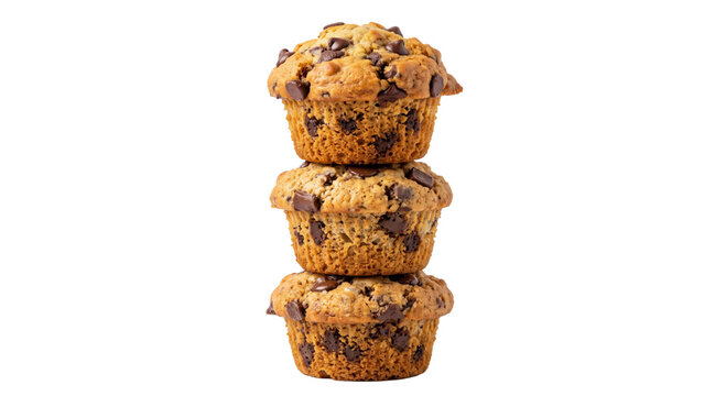 Stack of three delicious chocolate chip muffins on a white background