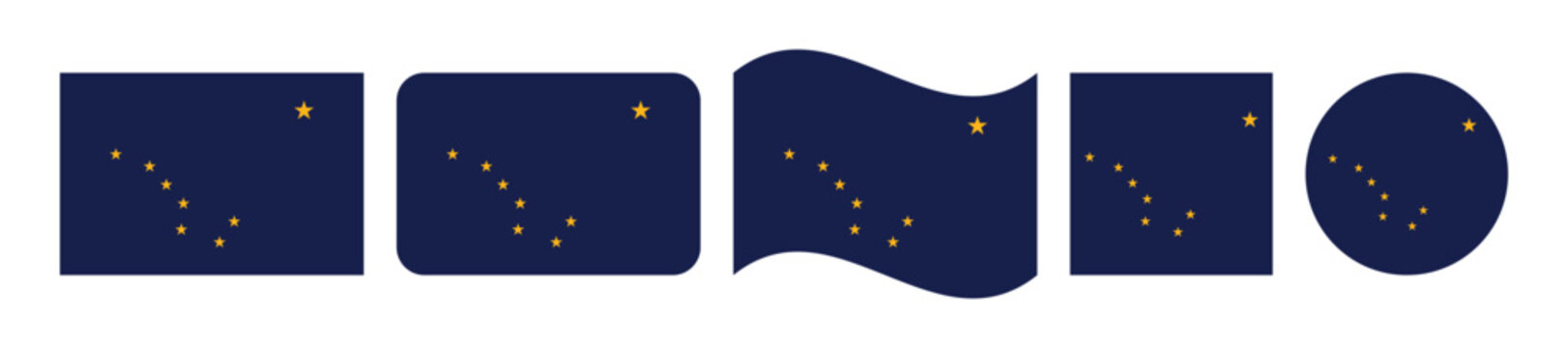 Alaska State Flag Vector Set Featuring Big Dipper Constellation and North Star Icons in Flat Wavy and Round Shapes