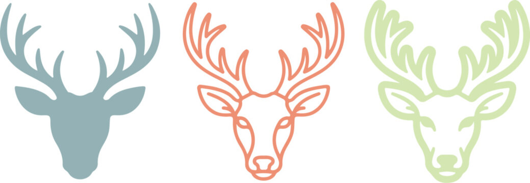 Colorful hand drawn deer head illustration icon set, transparent background vector stag antlers and wild animal symbol design collection