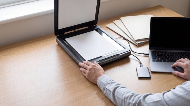 Person digitizes household records using scanner and external drive